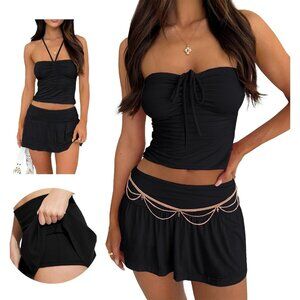 Summer Black Two Piece Outfits for Women Y2K Going Out Tie Ruched Tube Crop Top